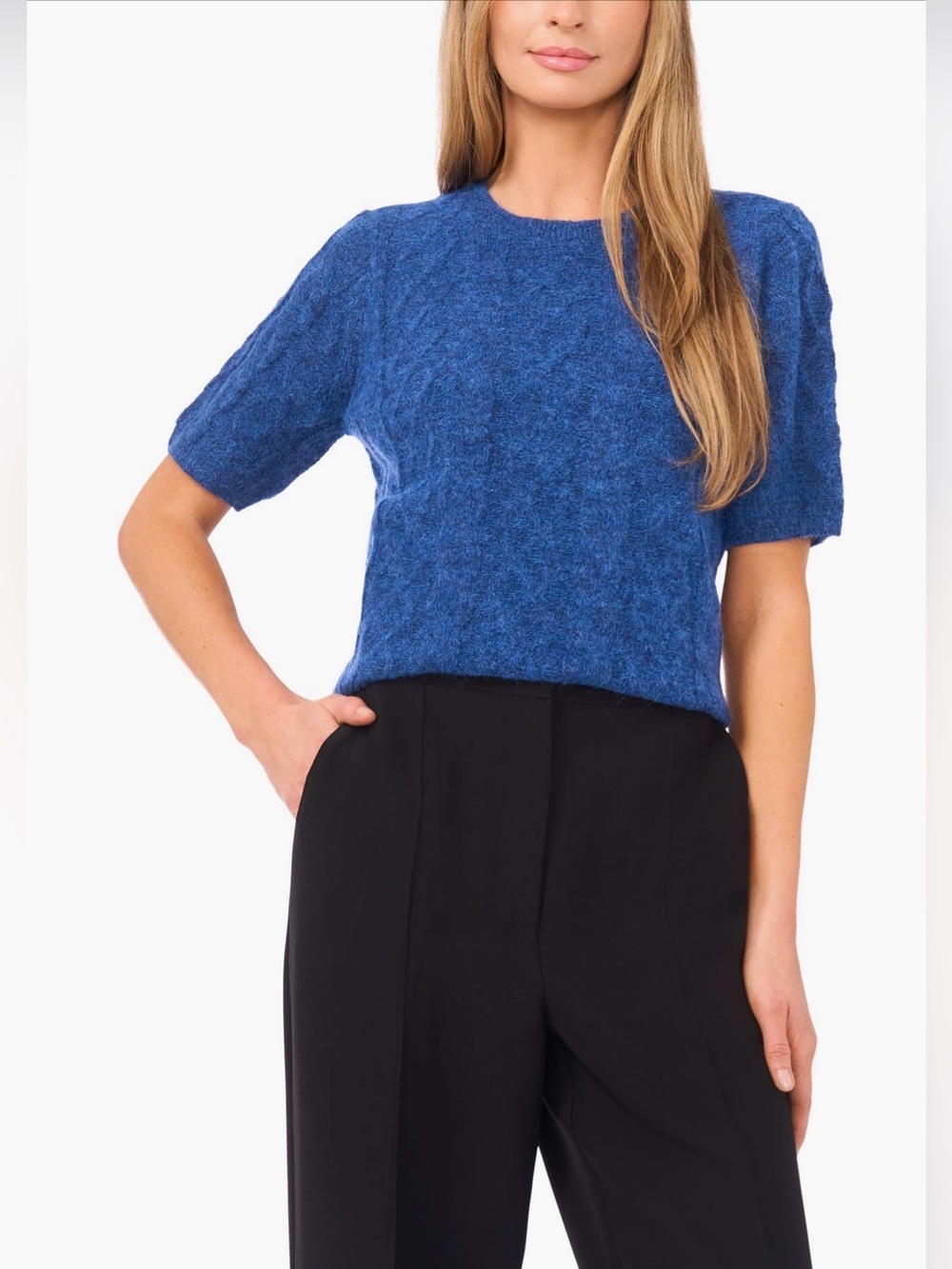 Halogen Fuzzy Cable Stitch Short Sleeve Crewneck Sweater top blue medium NWT